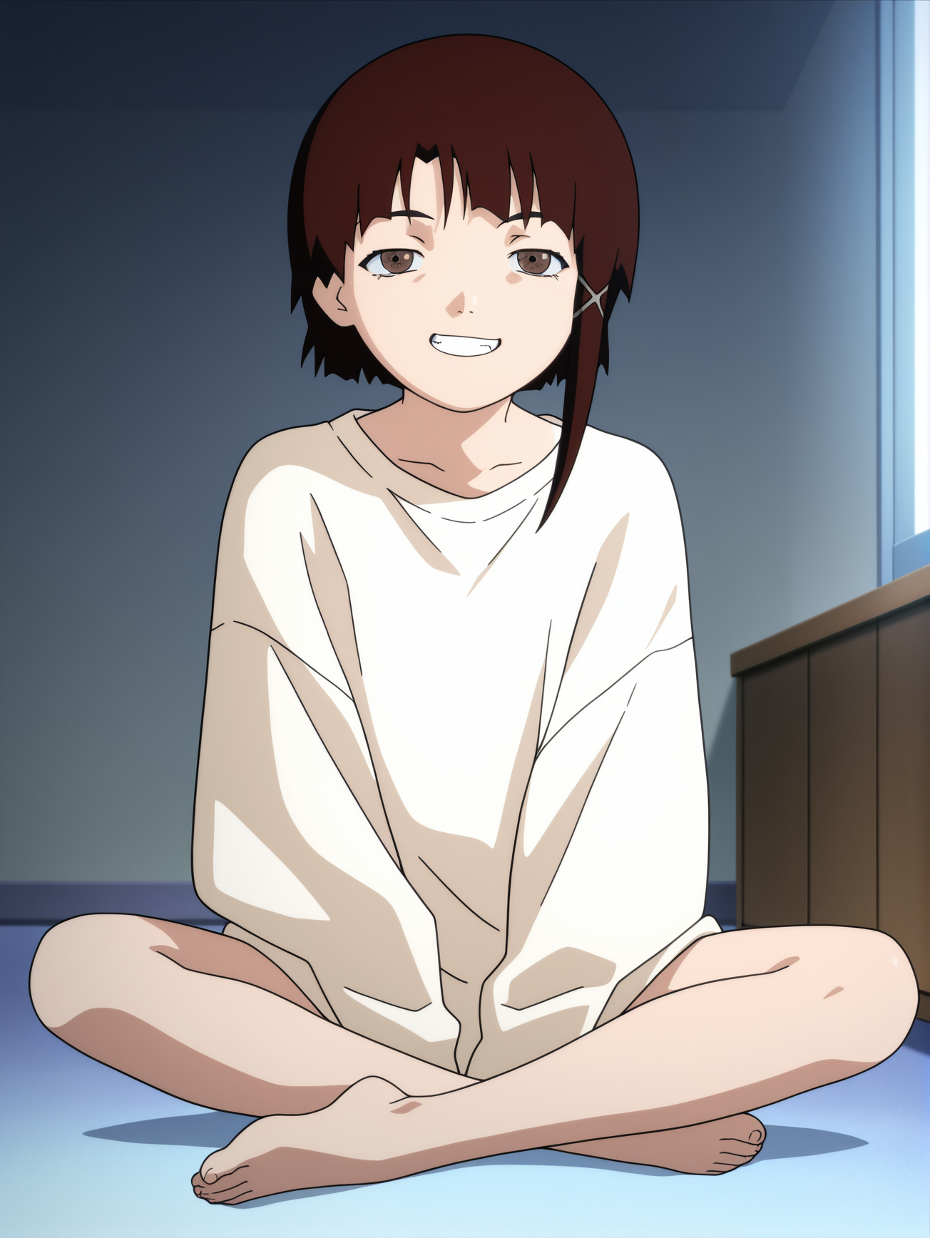masterpiece, best quality, amazing quality, absurdres, newest, dynamic_angle, defined facial features, anime coloring, anime screencap,
<lora:Lain_IL1.1v0:1> iwakura lain \(sel\), oversized tan shirt, grin, smug, full body, sitting