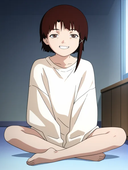 masterpiece, best quality, amazing quality, absurdres, newest, dynamic_angle, defined facial features, anime coloring, anime screencap,
<lora:Lain_IL1.1v0:1> iwakura lain \(sel\), oversized tan shirt, grin, smug, full body, sitting