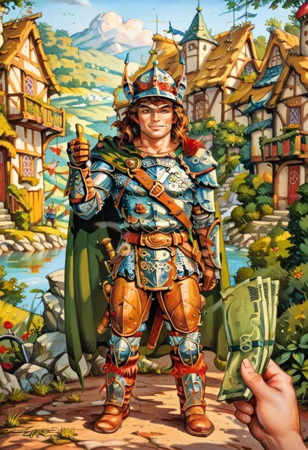 score_8, score_8_up, score_7_up, elmore_style, traditional media, 1boy, male focus, armor, helmet, greaves, gauntlets, boots, cape, thumbs up, fantasy, dnd, fantasy village background, standing, looking at viewer, holding money pov, holding money, pov, banknote, holding,