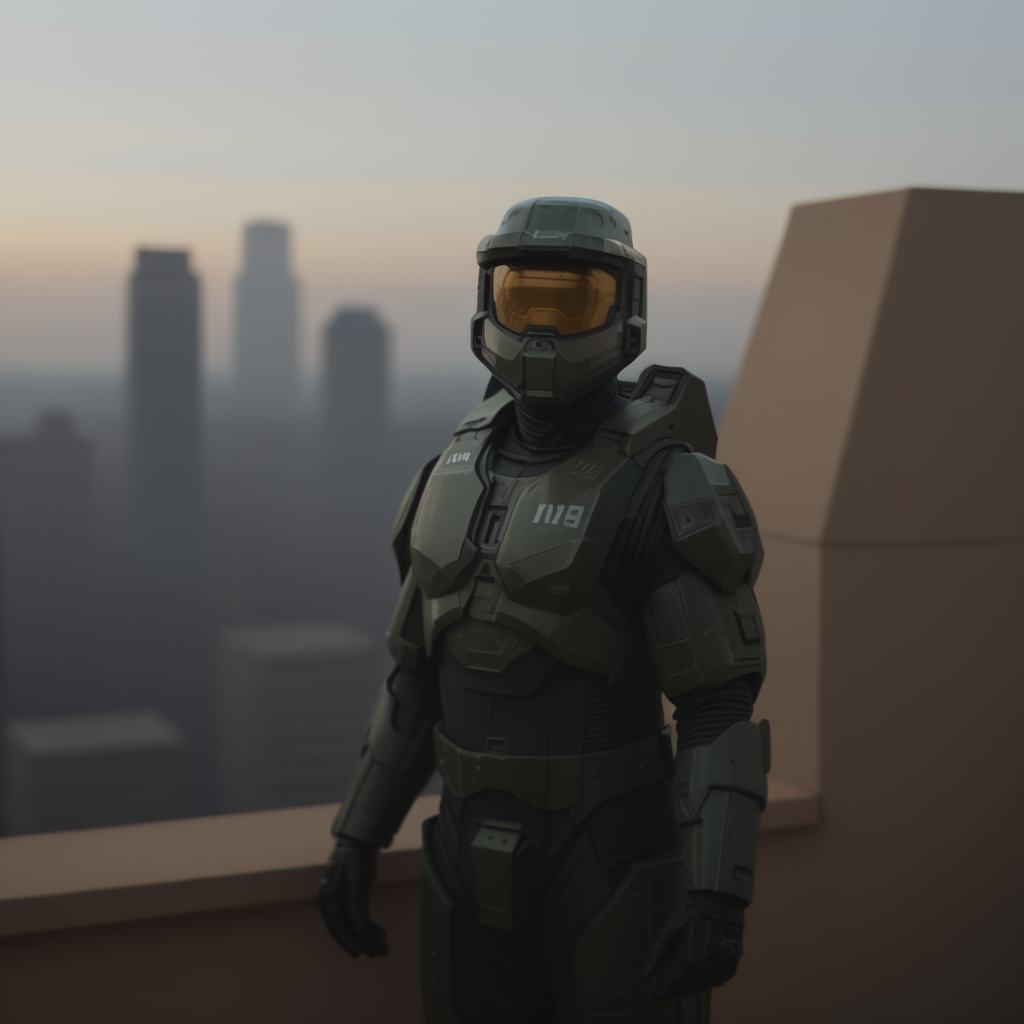 score_9, score_8_up, score_7_up, score_6_up, score_5_up, score_4_up, John_Spartan_117, looking at viewer, helmet, assault visor, armor, power armor, green armor, gloves, outdoors, city skyline, daytime,

realistic, high-detailed, 4k