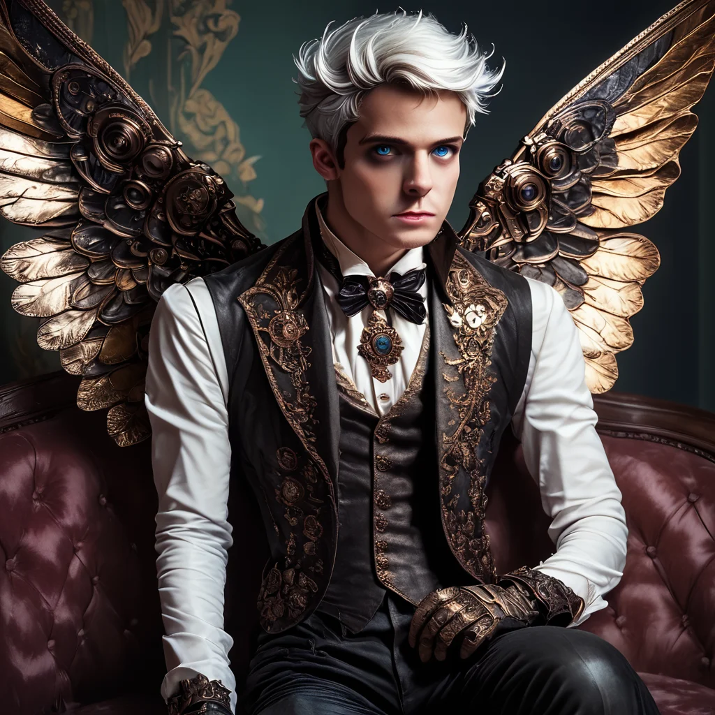 core_9, score_8_up, score_7_up, score_6_up,  <lora:RococoSteampunkPony:1>  ArsMJStyle, Rococo Steampunk, , The image shows a man sitting on top of a couch with wings wearing a black and gold dress. The background of the image is a wall., wings, solo, male focus, 1boy, steampunk, white hair, sitting, blue eyes, mechanical wings, chair, gloves, pants, realistic, vest