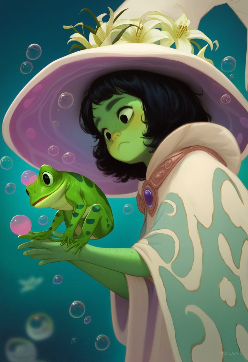 score_9, score_8_up, score_7_up, AxolotlWorldXLP, Expressiveh, extreme detail, source_anime, high quality, solo, 1 cute frog girl, feral, bright green skin, detailed scales, wizard hat, lily pad hat, holding frog, cute, colorful bubbles, abstract colors in background, short black hair, swimming, thinking, frown, flowing cape, realistic, magical energies, from side, detailed frog skin, mystical swamp background