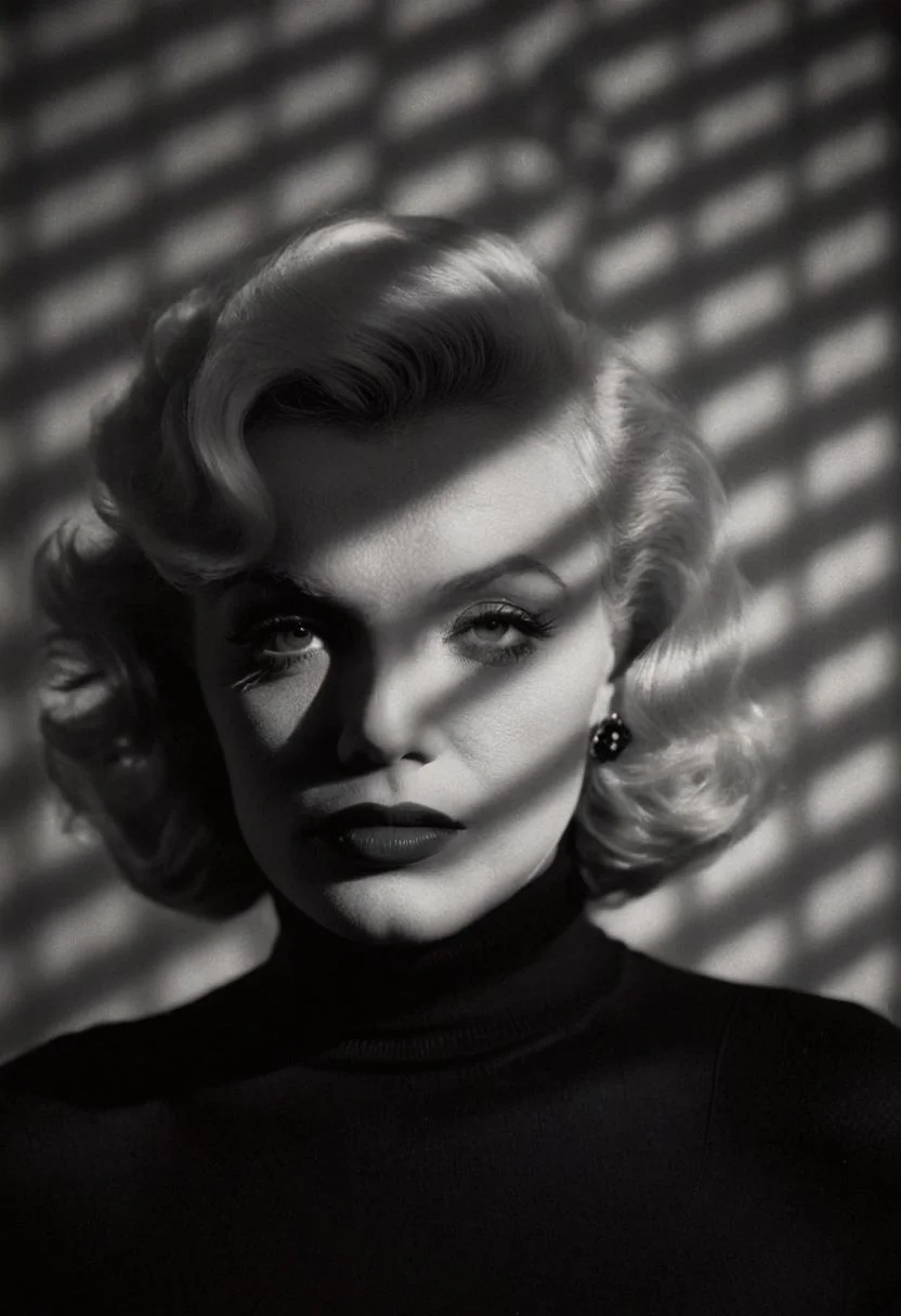 casting shadow style portrait of Marylin Monroe in her 20s wearing a black turtleneck (with a shadow on her face:1.2), serious look, cucoloris patterned illumination, shallow depth of field, highly detailed, high budget, bokeh, cinemascope, moody, epic, film grain, grainy, black and white