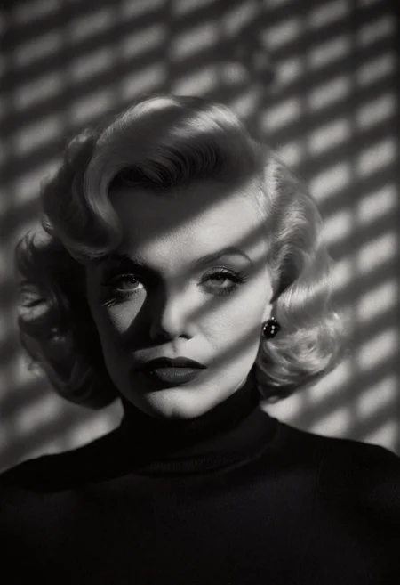 casting shadow style portrait of Marylin Monroe in her 20s wearing a black turtleneck (with a shadow on her face:1.2), serious look, cucoloris patterned illumination, shallow depth of field, highly detailed, high budget, bokeh, cinemascope, moody, epic, film grain, grainy, black and white