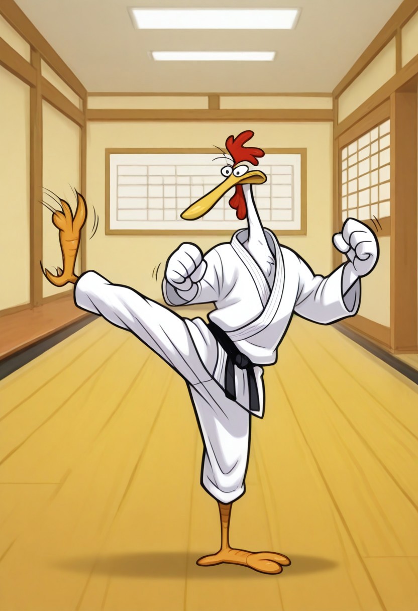 Masterpiece, best quality, highly detailed, absurdres, 1boy, solo, cartoon, ch1ken, beak, white feathers, dougi, karate uniform, chicken feet, karate chop, dojo background, motion lines, detailed background,