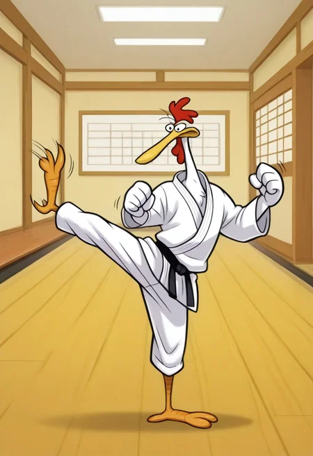 Masterpiece, best quality, highly detailed, absurdres, 1boy, solo, cartoon, ch1ken, beak, white feathers, dougi, karate uniform, chicken feet, karate chop, dojo background, motion lines, detailed background,