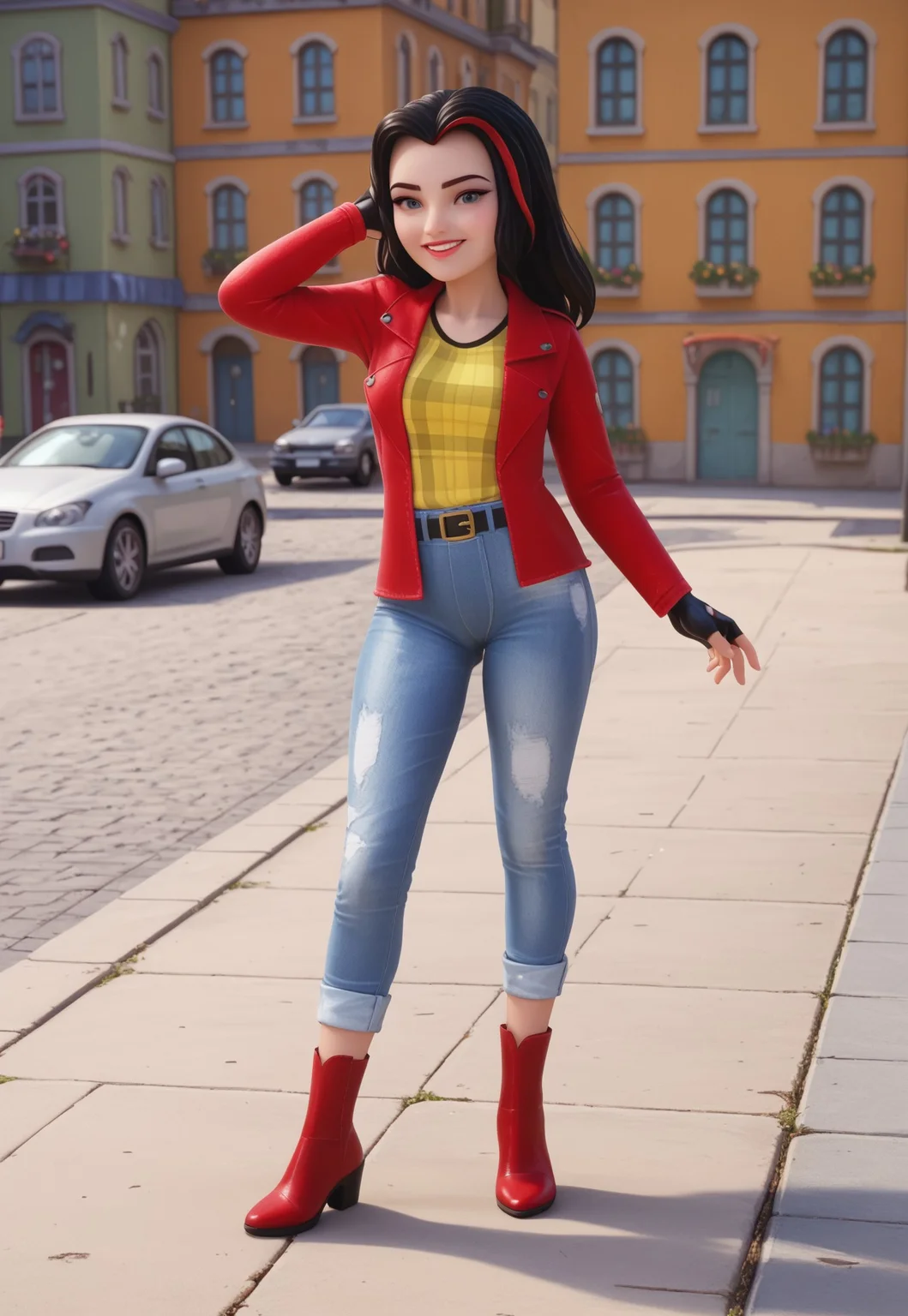 safe_pos, (zPDXL3) source_cartoon, solo, 1girl, full body, vicky_legofriends, black hair, streaked hair, jeans, fingerless gloves, red jacket, yellow shirt, boots, belt, outdoors, sexy, dynamic angle, looking at viewer, smiling,