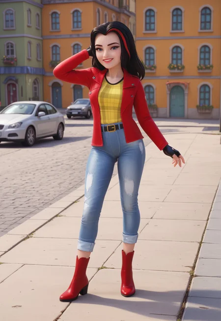 safe_pos, (zPDXL3) source_cartoon, solo, 1girl, full body, vicky_legofriends, black hair, streaked hair, jeans, fingerless gloves, red jacket, yellow shirt, boots, belt, outdoors, sexy, dynamic angle, looking at viewer, smiling,
