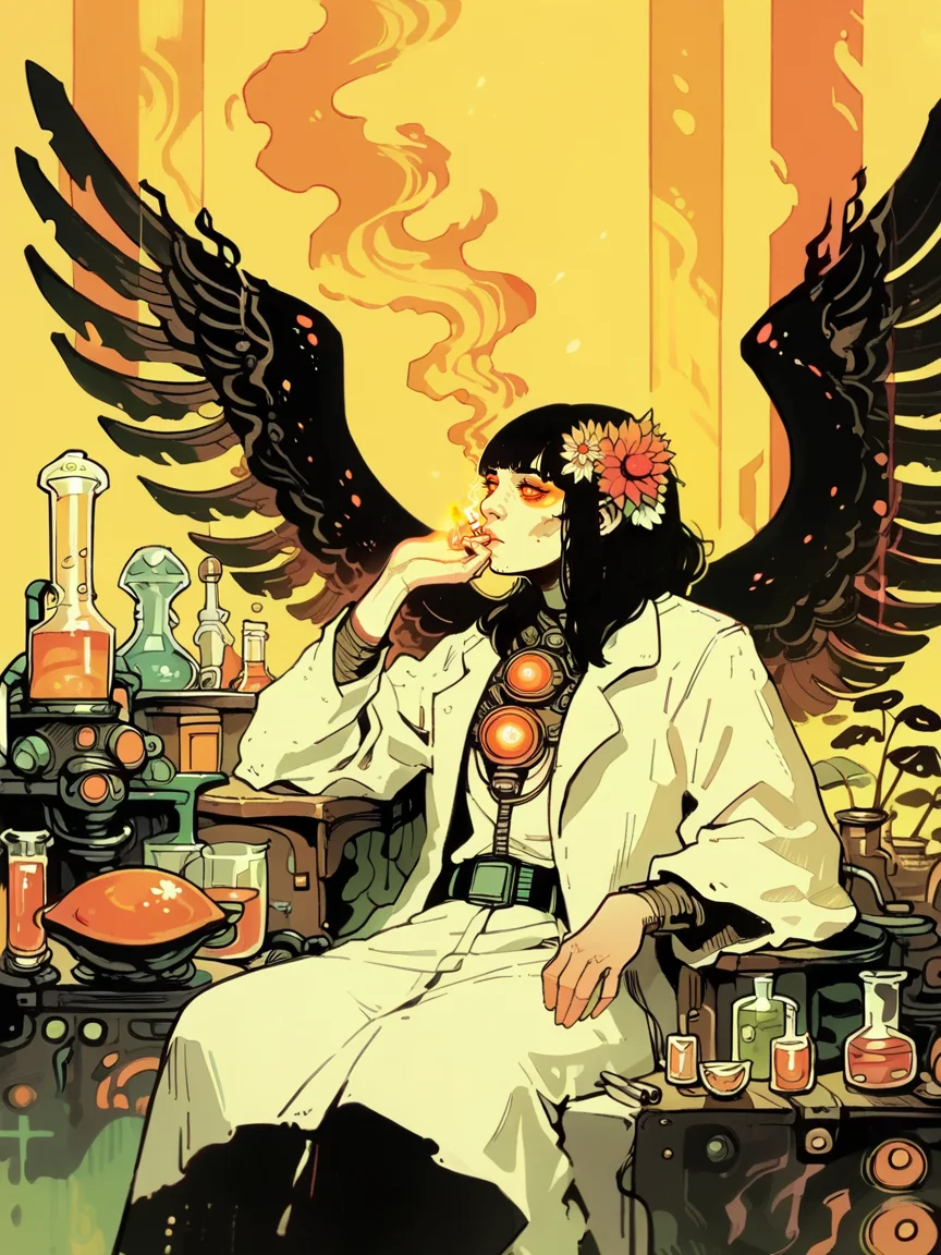 Ugly score_9, score_8_up, score_7_up, score_6_up, belt, black wings, black hair, sitting, glowing, abstract, smoking, labcoat, hair flower, wings, <lora:fl4ttr1p3XLP:1> fl4ttr1p