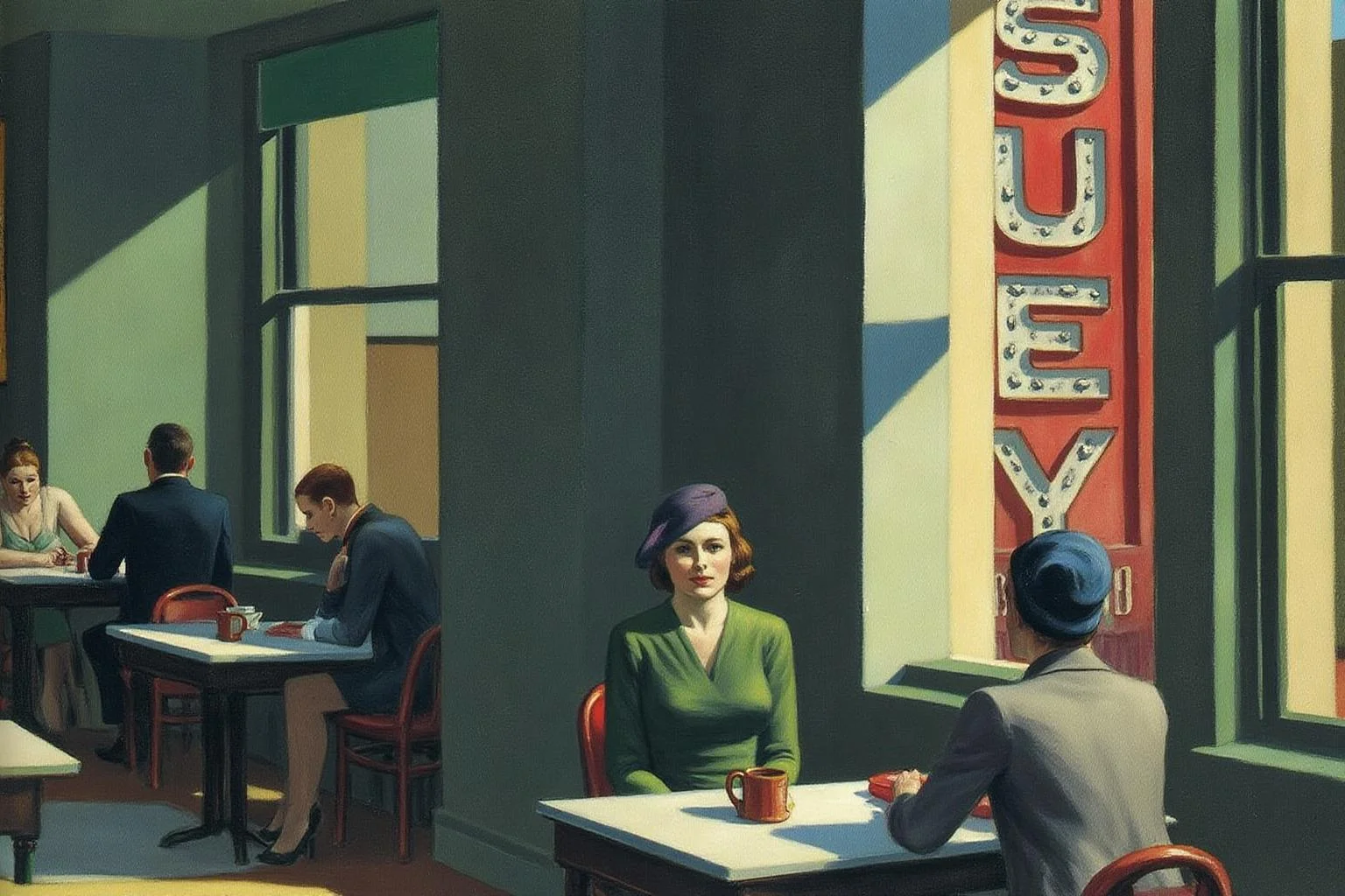 edwardhopper1 painting.
A scene inside a restaurant with large windows. Several people are seated at tables, engaged in conversation or reading. In the foreground, a woman in a green dress and a purple hat sits at a table, facing another woman in a blue hat, whose back is to the viewer. A neon sign with the word "SUEY" is visible outside the window. <lora:edwardhopper1_cap_d8a4e11:1.0><lora:847344845663009061:0>