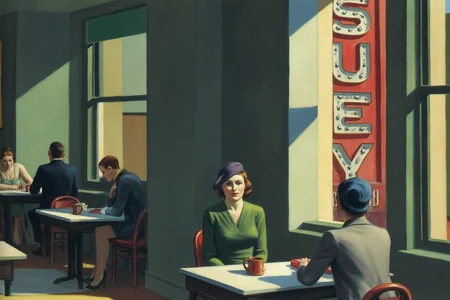 edwardhopper1 painting. 
A scene inside a restaurant with large windows. Several people are seated at tables, engaged in conversation or reading. In the foreground, a woman in a green dress and a purple hat sits at a table, facing another woman in a blue hat, whose back is to the viewer. A neon sign with the word "SUEY" is visible outside the window. <lora:edwardhopper1_cap_d8a4e11:1.0><lora:847344845663009061:0>