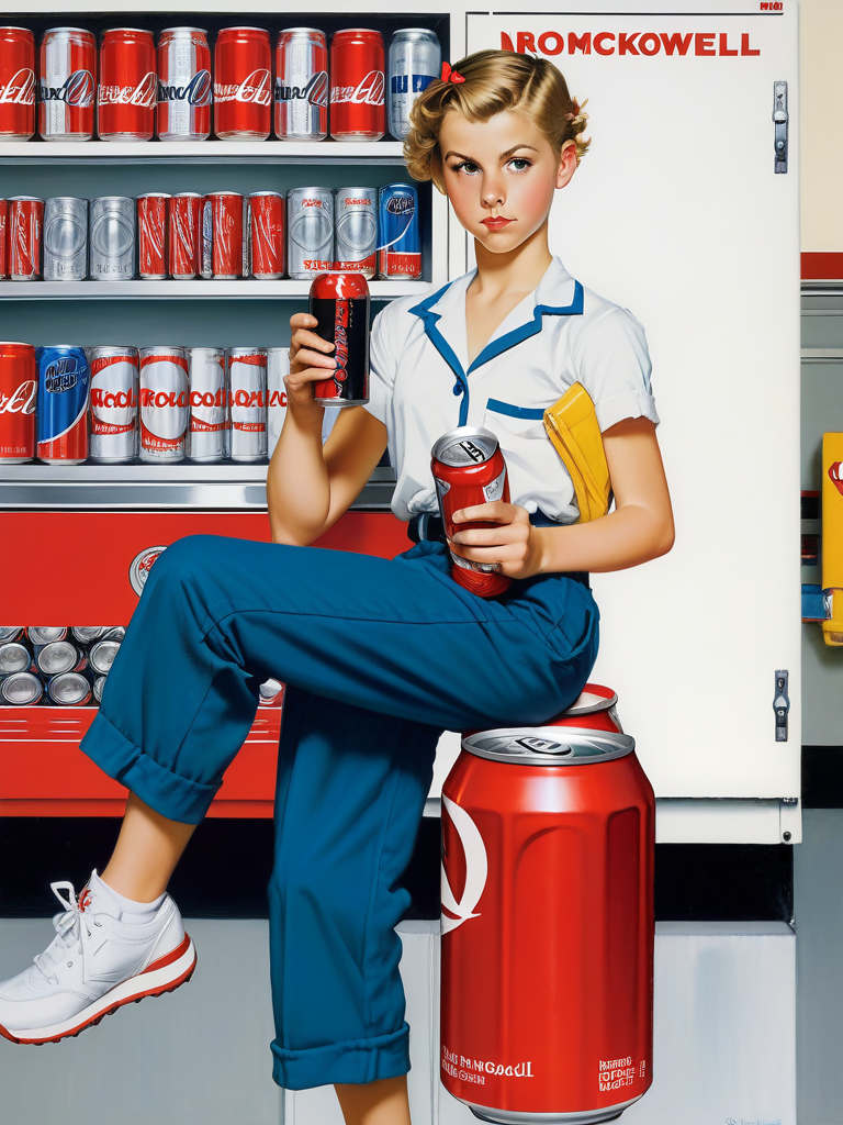 <lora:04Vintageillustration_Hap_XL:3.3>,Norman Rockwell style girl, short hair, pants, middle school , study hard, energy drink