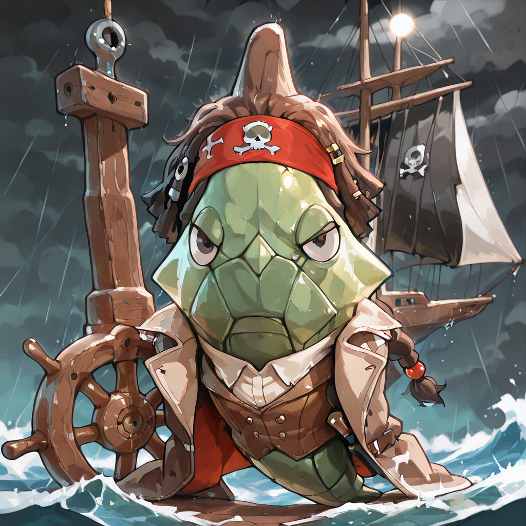 (masterpiece), (best quality), (ultra-detailed), green metapod, dorsal fin, full body, front view, no hands, no arms, black eye, (dark_circles), (black_eye_circles), black (dreadlocks) with beads and trinkets, black loose braid, (hair ornaments), (ship's wheel), reddish brown headband, weathered brown jacket, weathered pirate-style coat, brown leather vest, chest open white shirt, (no pants), scabbard, angry sea and sky, storm, heavy rain, tsunami, strong wind, half-closed eyes, Captain Jack Sparrow, Pirates of the Caribbean, anime, artwork, dynamic, on bow of ship, wave, ragged, scruffy, disheveled appearance, adventurous lifestyle, roguish charm, manly, illustration, perfect composition, intricate details