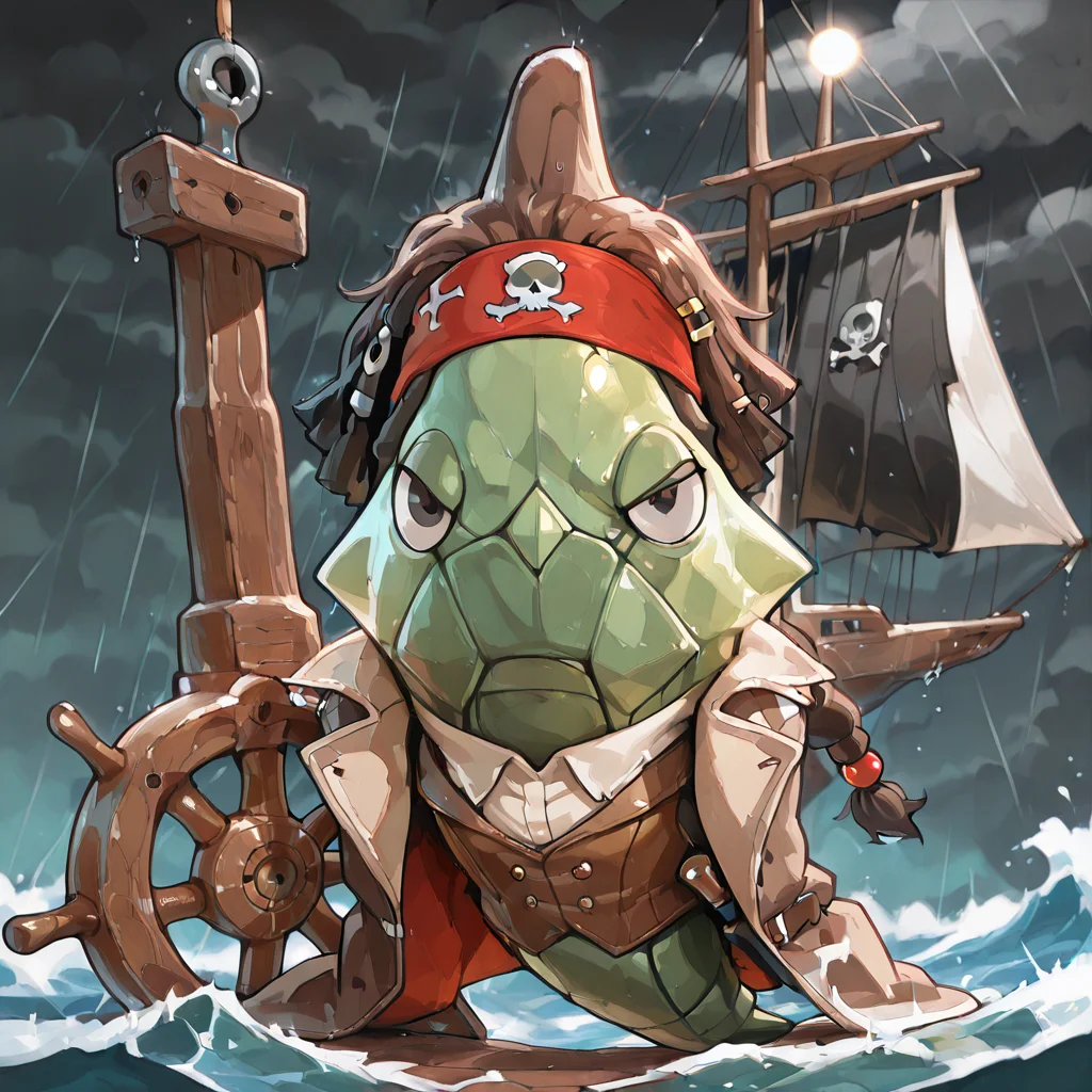 (masterpiece), (best quality), (ultra-detailed), green metapod, dorsal fin, full body, front view, no hands, no arms, black eye, (dark_circles), (black_eye_circles), black (dreadlocks) with beads and trinkets, black loose braid, (hair ornaments), (ship's wheel), reddish brown headband, weathered brown jacket, weathered pirate-style coat, brown leather vest, chest open white shirt, (no pants), scabbard, angry sea and sky, storm, heavy rain, tsunami, strong wind, half-closed eyes, Captain Jack Sparrow, Pirates of the Caribbean, anime, artwork, dynamic, on bow of ship, wave, ragged, scruffy, disheveled appearance, adventurous lifestyle, roguish charm, manly, illustration, perfect composition, intricate details