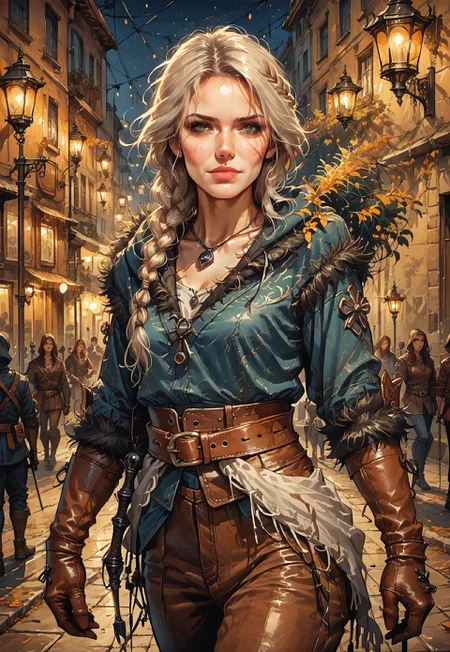 score_9, score_8_up, score_7_up, (zPDXL3), female, face portrait, concept art, realistic,
1girl, solo, mature woman, cw4, 1girl, white hair, green eyes, scar, long hair, hair over shoulder, braid, single braid, hair ornament, scar, scar on face, scar across eye, lips, closed mouth, armor, slim waist, breasts, medium breasts, sheathed, sheath, leather, pauldrons, fur trim, gloves, brown gloves, pants, brown pants, pouch, belt, boots, jewelry, necklace, hood, hood down, weapon, weapon on back, sword, sword behind back, ethereal beauty, looking at viewer, fantasy city street, night, lanterns, beautiful, cowboy shot, sexy, cocked hip,