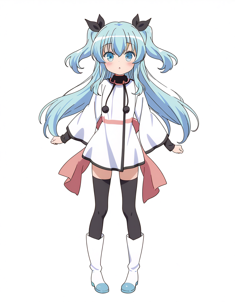 general,highres, ultra-detailed,very aesthetic,best quality ,best hands,  BREAK, sora no method, <lora:Noel_IS:1>
Noel, thighhighs, white dress, boots, dress, white background, long sleeves, full body, black thighhighs, simple background, white footwear, looking at viewer, standing, parted lips,
thighhighs under boots, black ribbon, zettai ryouiki, blush, :o, hair between eyes, knee boots, pom pom (clothes), wide sleeves