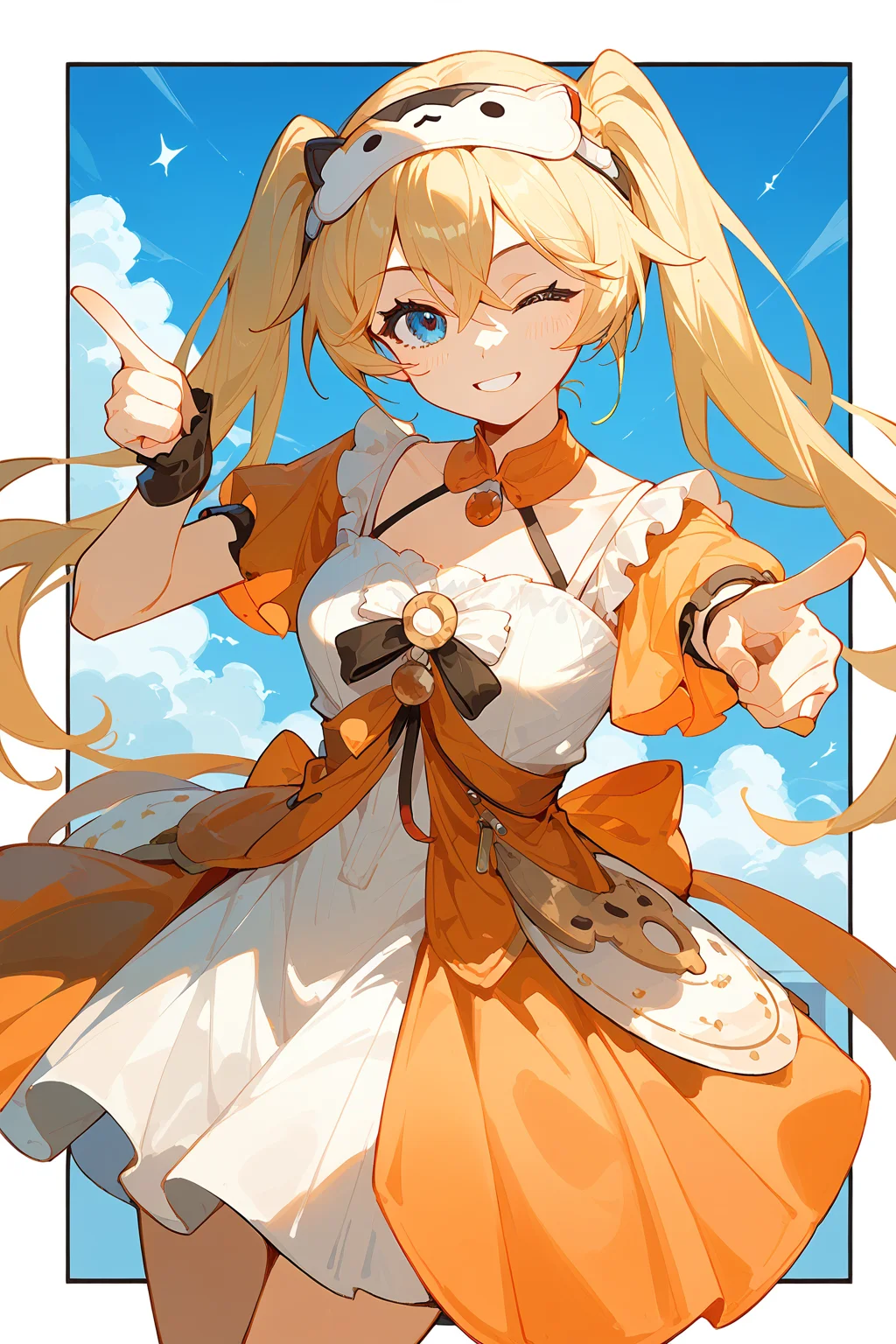 (score_9,score_8_up,score_7_up),<lora:Michele(kalabiqiu)-v1:1>,Michele(kalabiqiu),1girl,blonde hair,blue eyes,one eye closed,long hair,solo,looking at viewer,smile,bangs,closed mouth,dress,pointing at viewer,twintails,hair between eyes,pointing,short sleeves,white dress,headband,breasts,finger gun,border,hair ornament,mask,
good feet,anime,NSFW,expressive,amazing quality,ultra hd 32k,