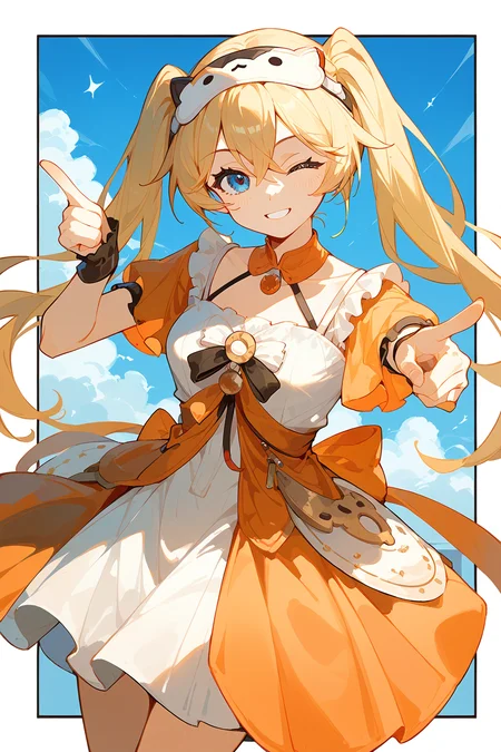 (score_9,score_8_up,score_7_up),<lora:Michele(kalabiqiu)-v1:1>,Michele(kalabiqiu),1girl,blonde hair,blue eyes,one eye closed,long hair,solo,looking at viewer,smile,bangs,closed mouth,dress,pointing at viewer,twintails,hair between eyes,pointing,short sleeves,white dress,headband,breasts,finger gun,border,hair ornament,mask,
good feet,anime,NSFW,expressive,amazing quality,ultra hd 32k,