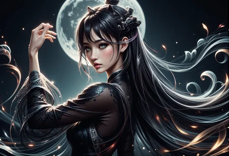 mad-wsps, xslx scribble, detailmaximizer. A medium close-up of a stunning young Asian woman, captured from her shoulders up as she gracefully dances under the full moon. Her delicate, smoky makeup enhances her deep green eyes, giving them an otherworldly glow, while the moonlight accentuates the red shimmer in her deep black hair. Her hair is styled in a traditional Chinese manner, with part of it pinned up and the rest flowing freely. The ornate details of her black dress, adorned with subtle white embroidery along the collar and sleeves, are visible. Behind her, the decorative eaves of the palace rooftop are highlighted by the soft moonlight, adding to the spiritual and mystical atmosphere., <lora:RealisticAnimeFlux_v2.safetensors:1.0:1.0> <lora:Wisps_of_Light_FLUX.safetensors:0.8:0.8> <lora:scribble-flux-v1.safetensors:1.0:1.0> <lora:aidmaImageUpgrader-FLUX-V0.1.safetensors:0.5:0.5>