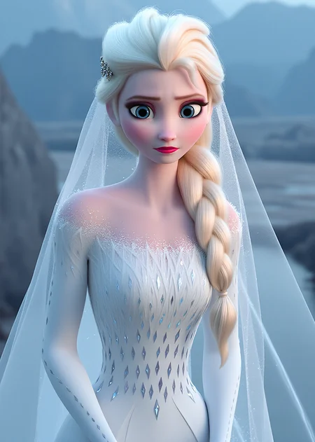 masterpiece,4k studio photo quality, inematic lighting,clear photo,upper body,portrait,outdoor,blushing,ultra detail skin,single braid,elsa \(frozen\), elsa's erotic pose, open eyes,shy, Veil,Wedding Dress,view from font, <lora:Elsa-Flux:0.9>ï¼