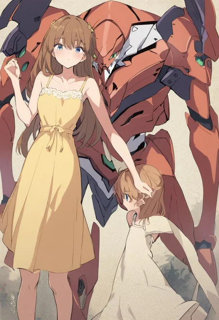 Masterpiece, best quality, Eva-02, mecha, neon genesis evangelion, science fiction, asuka langley soryu, long hair, bangs, blue eyes, brown hair, hair ornament, dress, yellow dress, sundress, collarbone, bare shoulders, ukiyo-e, mecha focus, robot, size difference,