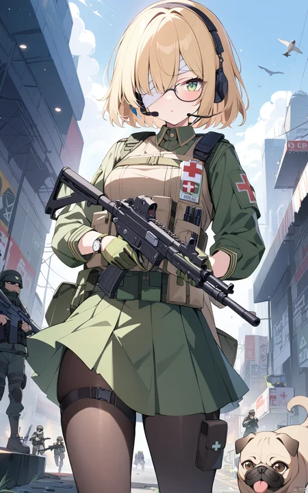 1girl, best quality, uniform, microphone, assault rifle, thigh holster, military uniform, weapon, skirt, glasses, gloves, animal, pug, krag jorgensen, m1911, dog, first aid kit, pantyhose, snake, long sleeves, fn fal, green skirt, military, m60, rifle, bandages, long hair, blonde hair, military operator, load bearing vest, handgun, watch, machine gun, solo, holster, short hair, bandage over one eye, headset, gun, green eyes,

masterpiece, newest, absurdres, safe