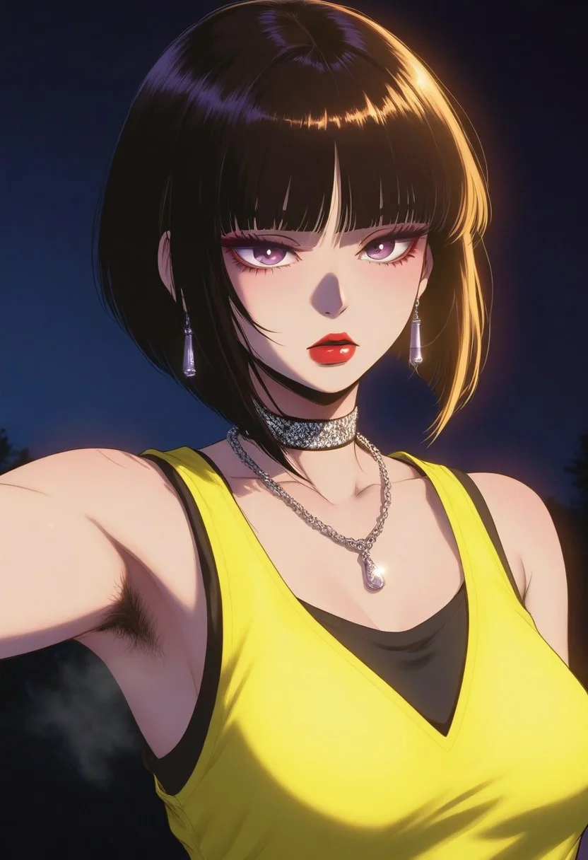 closeup zoomed in portrait of a Japanese goth woman, bangs, straight-cut bob, dark eyehadow, red lips, dangly earrings, choker, necklaces, fluorescent neon yellow sleeveless crop top, armpit hair, steaming armpits, professional photography, directional lighting, outdoors, silhouetted, dark background, chiascuro