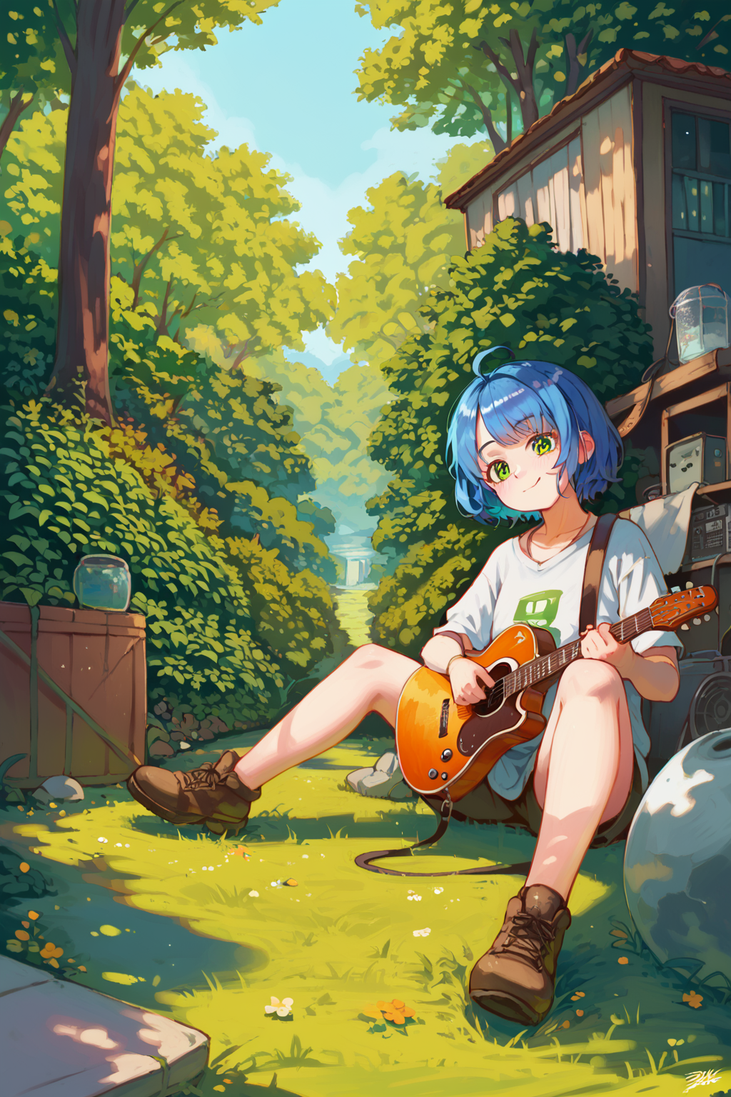 PDXL, source_anime,  <lora:SaishoV1:1>, s4ish0, 
1girl, cute face, detailed eyes, short blue hair, green eyes, sitting on ground, playing a guitar, 
volumetric reflections, volumetric shadows, HDR, shot on Canon DSLR