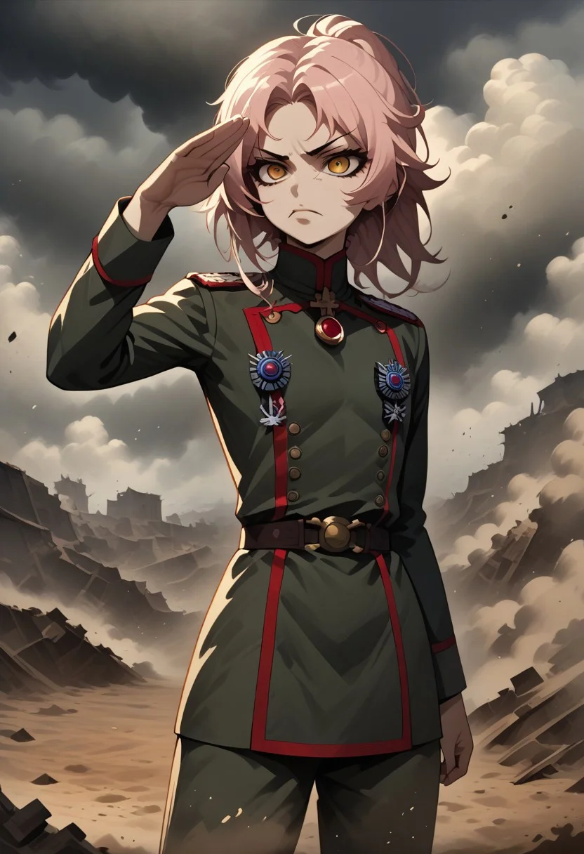 solo, 1 girl, TanyaDegurechaff. Tanya from the series "Saga of the Evil Tanya," standing in military uniform, in a formal stance, saluting with her hand at her forehead. She has a serious expression. The scene is set outdoors on a cloudy day, with smoke, dirt, and fine particles in the air. Her appearance includes short light-colored hair and a sharp military outfit adorned with medals on her chest. The atmosphere is tense yet captivating, with rich colors that contrast against the gloomy backdrop, highlighting her determination and strength. The overall composition should evoke a sense of resilience and power amidst chaos.