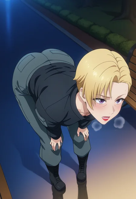 masterpiece, best quality, amazing quality, 1girl, solo, heidemarieww, mature female, purple eyes, blonde hair, short hair, lipstick, red lips, toned, small breasts, military uniform, black shirt, grey pants, black boots, <lora:Barrow_Heidemarie_Bravern_ill:0.9>, from above, full body, standing, bent over, hands on own knees, pigeon-toed, sweat, sweatdrop, blush, open mouth, heavy breathing, steaming body, outdoors, park, night, reflective floor, park bench, skindentation, detailed clothing folds, depth of field, sharp, high contrast, dynamic light