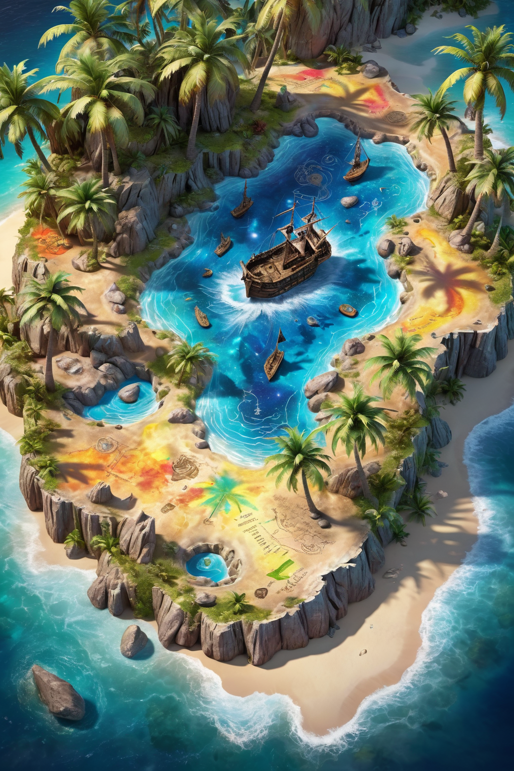 top view of a holographic magical map (3D, pirate treasure map on an island with palm trees and rocks), torn and worn, map looks to be floating off the paper, sitting on a wizard's desk, magical multicolored ink, high quality, imagination, 8k, fantasy art, vivid magical colors, style-paintmagic,