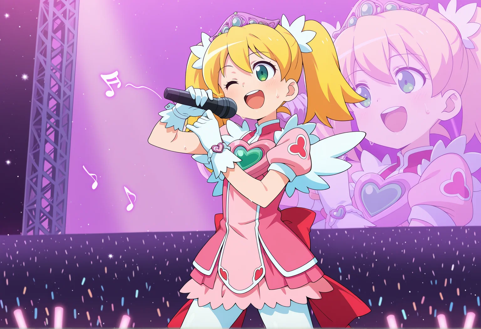 anime screencap, anime coloring, anime screenshot, 1girl, 1girl, blonde hair, twintails, green eyes, pink dress, tiara, short sleeves, gloves, wrist cuffs, ribbon, heart, short sleeves, wings, feathers, white pantyhose, wink, magical gir, star \(symbol\), v. holding microphone, stage, stage lights, audience, glowsticks, sweat, singing, musical note, <lora:Sayaka_saru_illus:1> smile, upper teeth only,, masterpiece, best quality, amazing quality, very aesthetic, absurdres, highres, newest