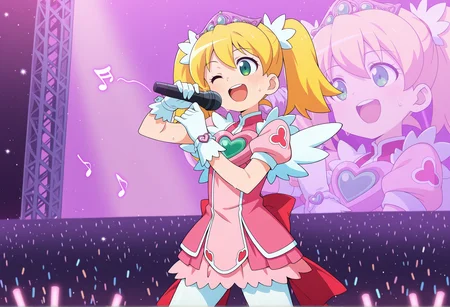 anime screencap, anime coloring, anime screenshot, 1girl, 1girl, blonde hair, twintails, green eyes, pink dress, tiara, short sleeves, gloves, wrist cuffs, ribbon, heart, short sleeves, wings, feathers, white pantyhose, wink, magical gir, star \(symbol\), v. holding microphone, stage, stage lights, audience, glowsticks, sweat, singing, musical note,  <lora:Sayaka_saru_illus:1>  smile, upper teeth only,, masterpiece, best quality, amazing quality, very aesthetic, absurdres, highres, newest