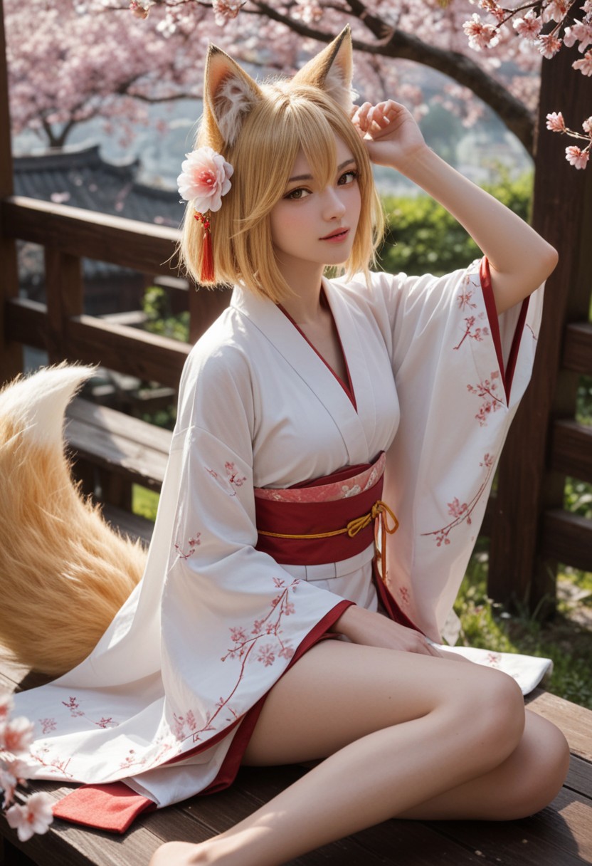 score_9_up, score_8_up, score_7_up, score_6_up, 1girl, 25 years old, perfect face, (adult), sexy, 
yellow eyes, fox girl, fox tail, 
blonde hair, animal ears, fox ears, animal ear fluff, hair ornament, hair flower, hair between eyes, short hair, 
miko, japanese clothes, ribbon mesh sleeves,
cherry blossoms, arm up, 
sitting, from above, dynamic pose, dynamic angle, 
blush,