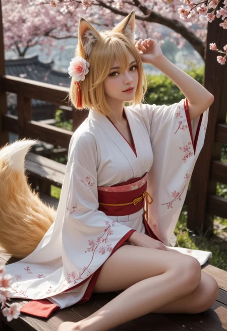 score_9_up, score_8_up, score_7_up, score_6_up, 1girl, 25 years old, perfect face, (adult), sexy,
yellow eyes, fox girl, fox tail,
blonde hair, animal ears, fox ears, animal ear fluff, hair ornament, hair flower, hair between eyes, short hair,
miko, japanese clothes, ribbon mesh sleeves,
cherry blossoms, arm up,
sitting, from above, dynamic pose, dynamic angle,
blush,