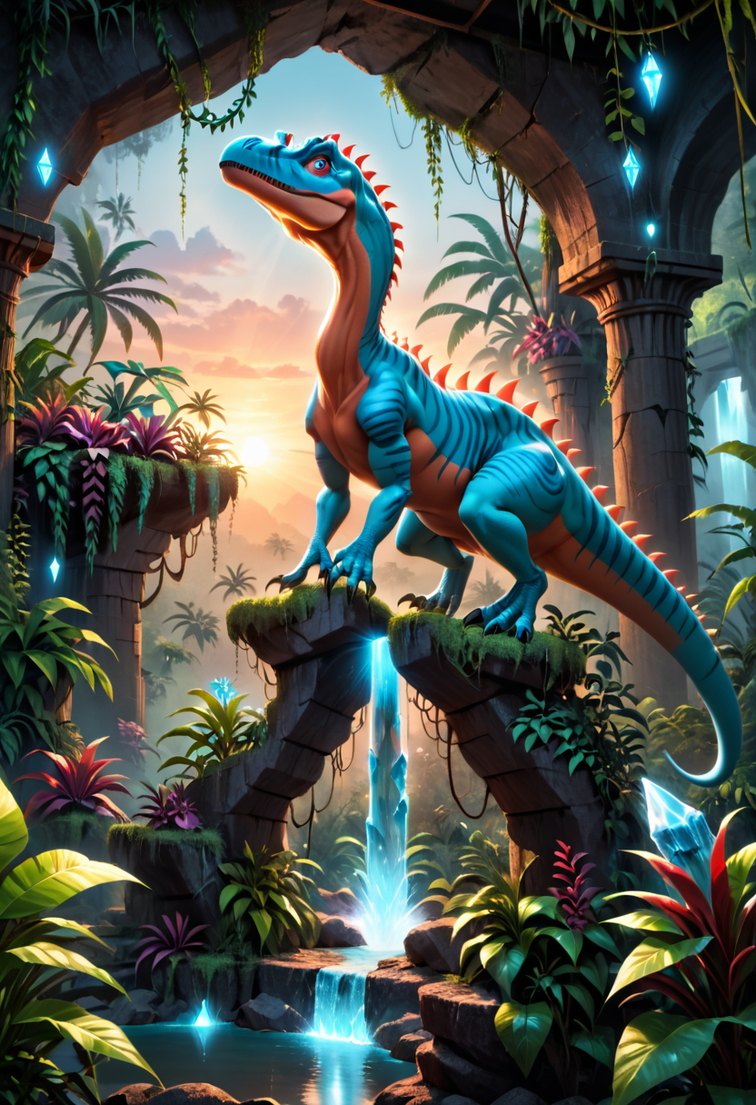NSFW, erotic, perfect body, sexy, 20-years-old, high resolution, best quality, 4k, a glowing crystal tetrahedron!!! in the middle of ancient ruins in a lush prehistoric jungle, inside a humongous cave, red and magenta flowers, sunset, godrays, dinosaur fossils, orange and blue sky, haze, vines, waterfall volumetric lighting, digital render, photorealistic, unreal engine 5, ultra detail, trending on artstation  by peter mohrbacher, zaha hadid, thomas kinkade
