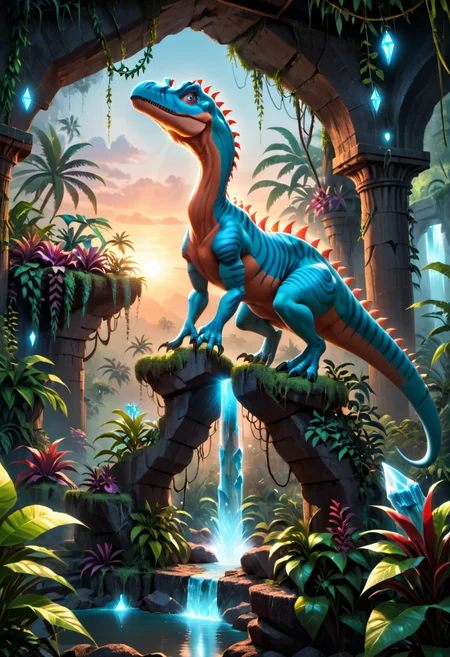 NSFW, erotic, perfect body, sexy, 20-years-old, high resolution, best quality, 4k, a glowing crystal tetrahedron!!! in the middle of ancient ruins in a lush prehistoric jungle, inside a humongous cave, red and magenta flowers, sunset, godrays, dinosaur fossils, orange and blue sky, haze, vines, waterfall volumetric lighting, digital render, photorealistic, unreal engine 5, ultra detail, trending on artstation  by peter mohrbacher, zaha hadid, thomas kinkade