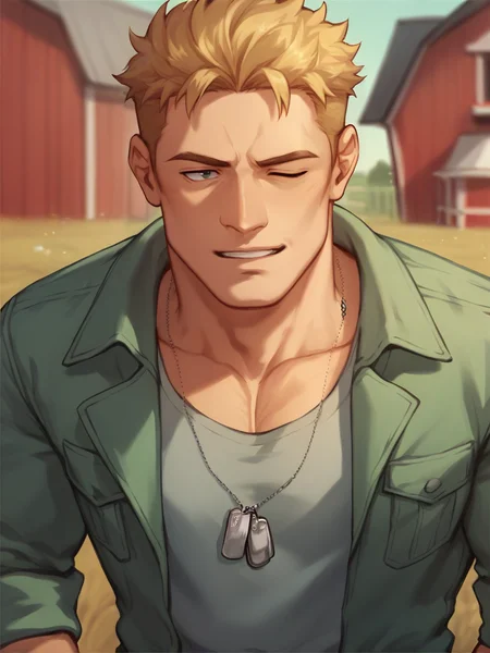 score_9, score_8_up, score_7_up, score_6_up, source_anime, <lora:last-000002:1>, k3nt, mature man, winking, blonde hair, green jacket, dog tag necklace, farm background,