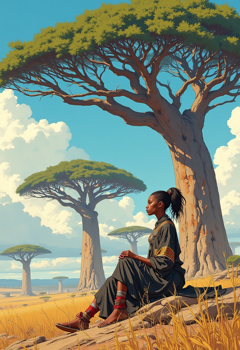 A young guard in her shwe-swhe robe sits and meditates under the baobab tree,  large baobab trees in the background, dynamic movement, intricate detail, tribal African elements, hints of gold and red, cyberpunk anime, cyberpunk, cumulus clouds