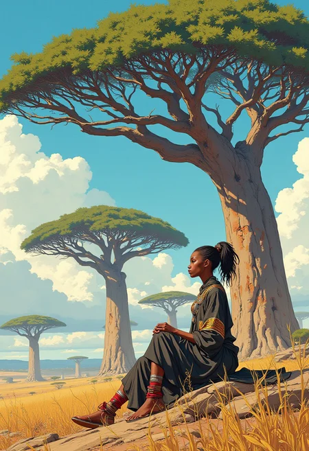A young guard in her shwe-swhe robe sits and meditates under the baobab tree, large baobab trees in the background, dynamic movement, intricate detail, tribal African elements, hints of gold and red, cyberpunk anime, cyberpunk, cumulus clouds