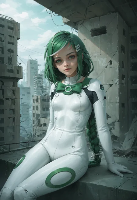 zPDXL2, (three quarter view:0.8), (hip focus:0.9), depth of field, highly detailed, ssta,
close shot, sber-chan, green hair, streaked hair, green eyes, single braid, white bow, long hair, (skin details:1.1),
looking at viewer, calm, sitting,
hairclip, (white plugsuit:1.2),
rooftop, scenic overlook, abandoned city, post-apocalypse, ruins, power lines,
<lora:add-detail-xl:1.5> <lora:Sber-chan:0.9> <lora:ssta:0.9>