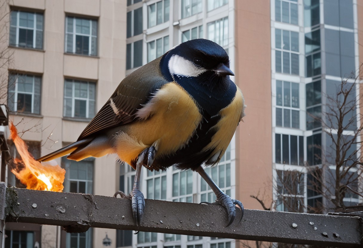 score_9, score_8_up, score_7_up, score_6_up, score_5_up, score_4_up, rating_safe,source_photorealistic,upper body,1bird,a gaint tit rampaging throughout a burning city,buildings,skyscraper,giant bird,size difference