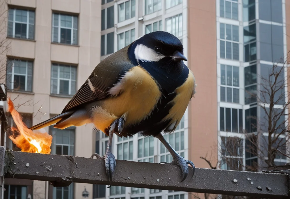 score_9, score_8_up, score_7_up, score_6_up, score_5_up, score_4_up, rating_safe,source_photorealistic,upper body,1bird,a gaint tit rampaging throughout a burning city,buildings,skyscraper,giant bird,size difference