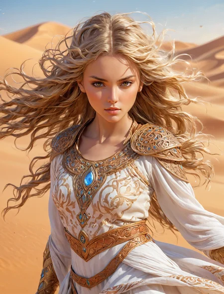 Hyperrealistic girl in flowing desert attire, detailed clothing, high detail, dynamic composition, ethereal, soft lighting, fantasy setting, intricate patterns, ultra-quality, wind blowing hair, mystical atmosphere, sandy background, warrior princess
