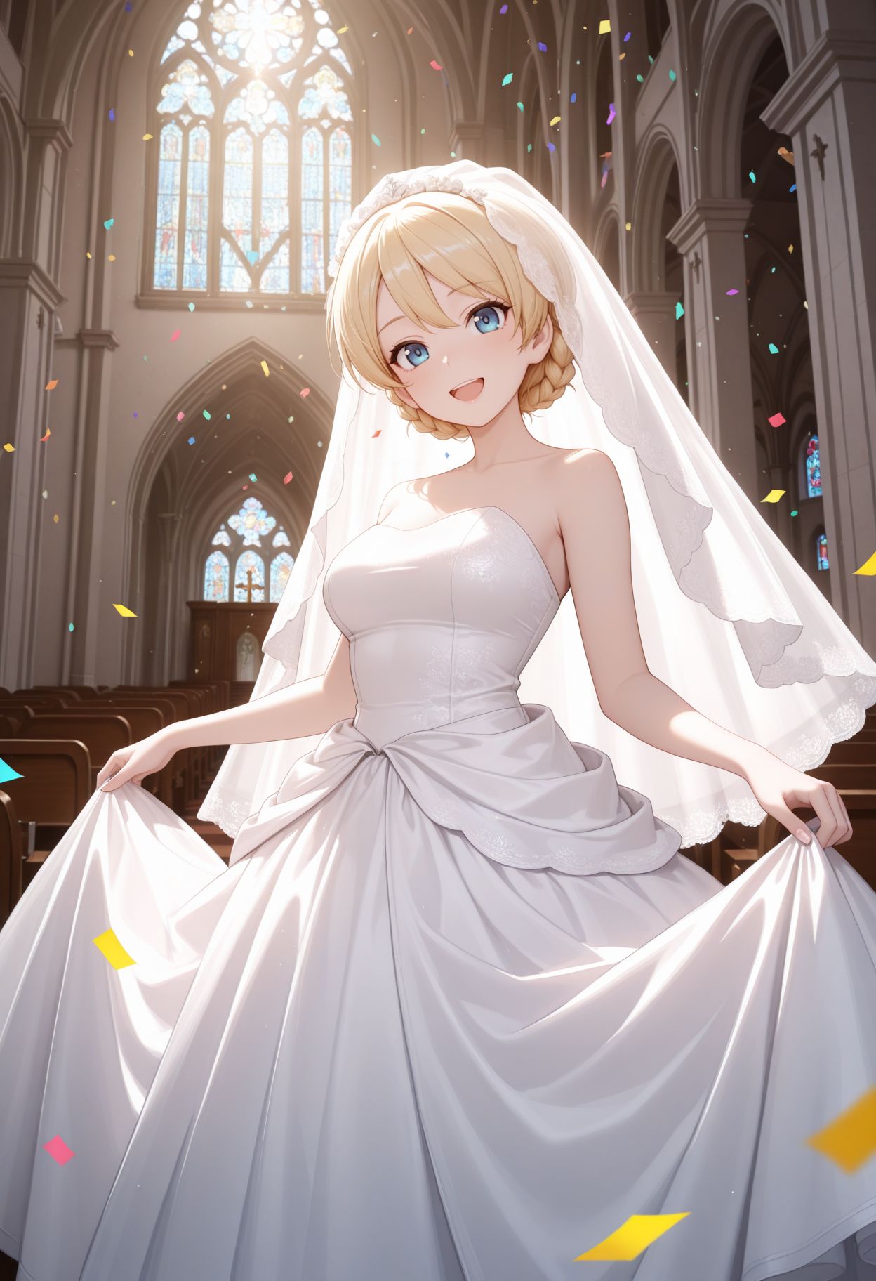 masterpiece,best quality,absurdres,highres,very aesthetic,high quality,detailed,insanely detailed,beautiful,perfect lighting, 
 <lora:Darjeeling illu :0.9> 
1girl, blue eyes, blonde hair, braid, short hair, twin braids, wedding dress, veil, church, (confetti:1.1), smile, open mouth, white dress, wedding dress), indoors,