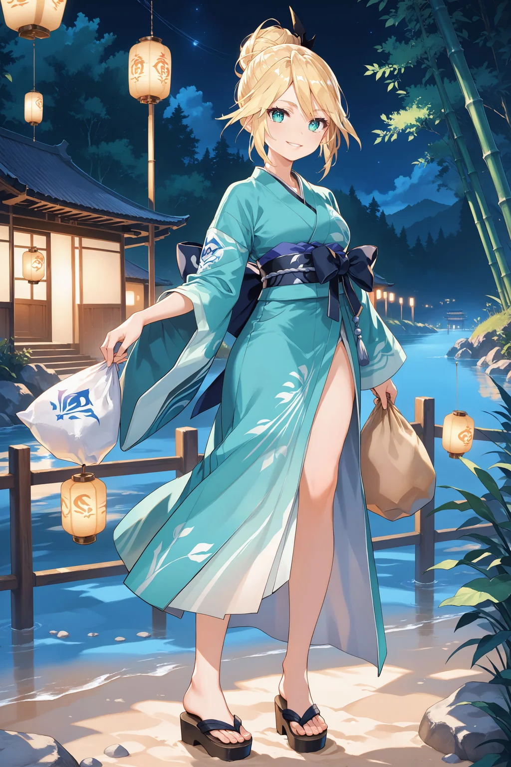 score_max, (score_9, score_8_up, score_7_up:1.2), score_6_up, official art,
, masterpiece, absurdres, high detail, 8k,
night, river, riverbank, bamboo fence, sand ground, string of paper lantern, from side,
standing, holding small sack, light smile, evil smile, blush, parted lips, looking at viewer,
superbia, blonde hair, single hair bun, light green kimono, wide sleeves, side slit, sandals,
<lora:XL_Pony_MGCM-superbia-t1:1>