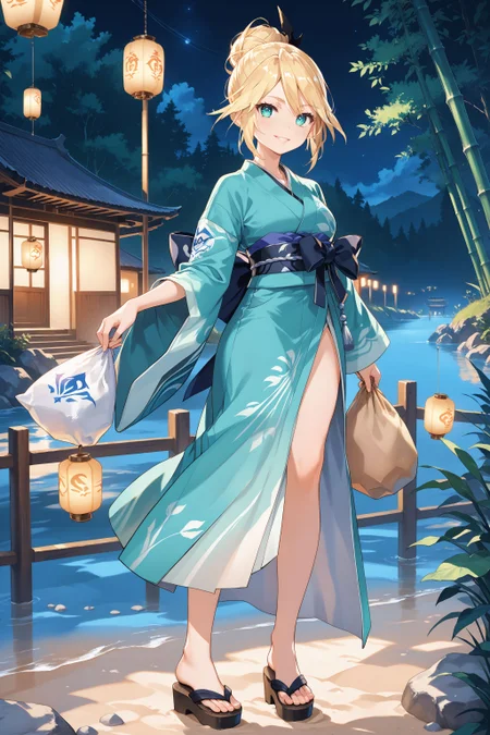 score_max, (score_9, score_8_up, score_7_up:1.2), score_6_up, official art,
, masterpiece, absurdres, high detail, 8k,
night, river, riverbank, bamboo fence, sand ground, string of paper lantern, from side,
standing, holding small sack, light smile, evil smile, blush, parted lips, looking at viewer,
superbia, blonde hair, single hair bun, light green kimono, wide sleeves, side slit, sandals,
<lora:XL_Pony_MGCM-superbia-t1:1>