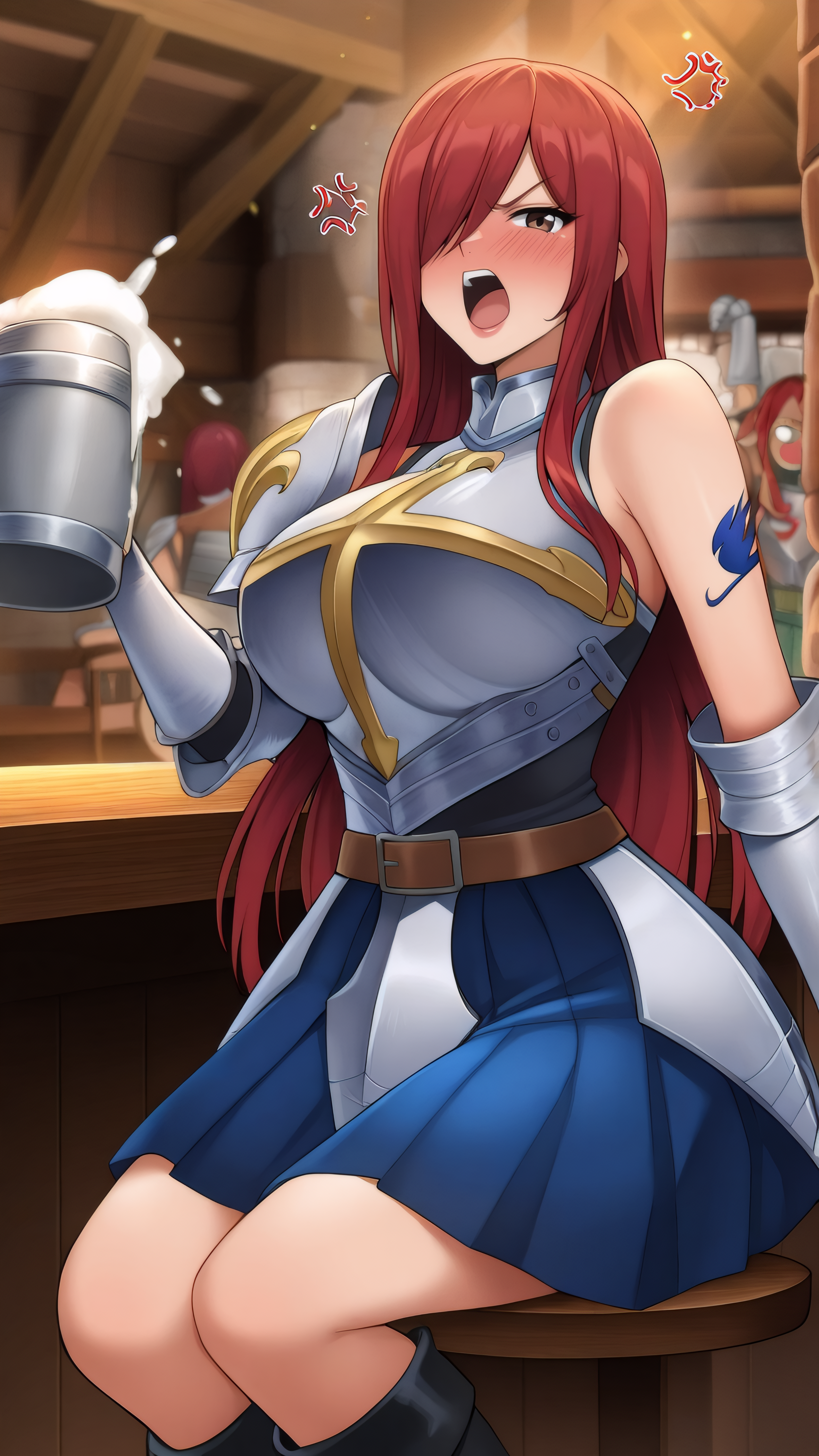 masterpiece, best quality, very aesthetic, absurdres, BREAK, 1girl, looking at viewer,
<lora:Heart_Kreuz_100YearsQuest_Illu_Dwnsty:0.8>, erz_hk100yearsq, brown eyes, red hair, long hair, hair over one eye, tattoo, breastplate, armor, blue skirt, pleated skirt, belt, single shoulder armor, armored dress, knee boots, black footwear, 
large breasts, lips, angry, open mouth, drunk, counter, spilling, 
indoors, bar, beer mug, drinking, sitting, chair, tavern,