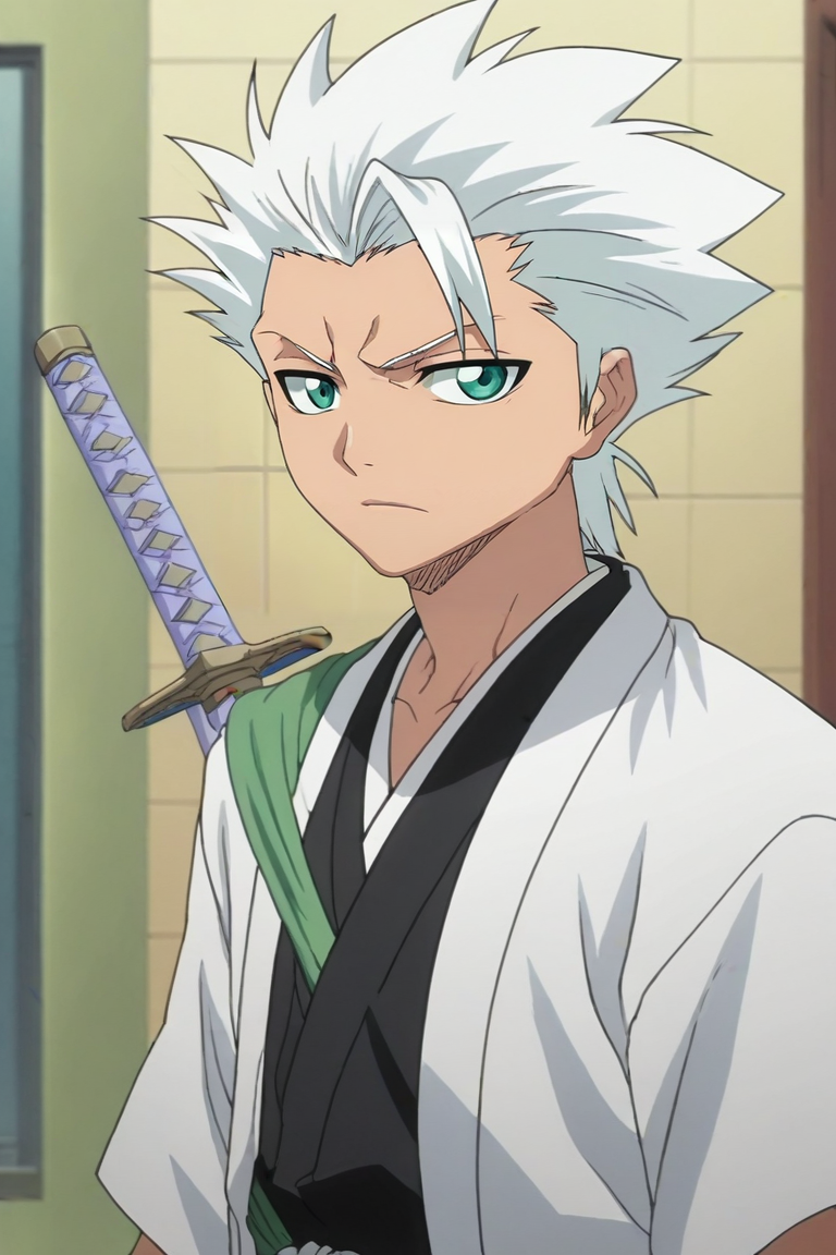 score_9, score_8_up, score_7_up, score_6_up, score_5_up, score_4_up, BREAK source_anime, anime screencap, , official style, looking at viewer, upper body, , 1boy, solo, male focus, <lora:toushirou_hitsugaya_pony:0.94>, toushirou_hitsugaya, , japanese clothes, sword, haori, , bathroom, , <lora:sdxl_lightning_8step_lora:1>