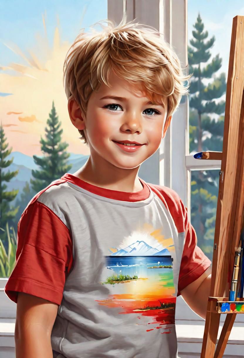 Ultra detailed digital art masterpiece, beautiful happy cuty boy painter , Caucasian, short fade cut hair, beauty, painting landscape canvas in art studio, easel, cotton t-shirt with short sleeves  clothes,
there was volumetric light coming in through the window, red kendle light, eyes closed, big realistic beautiful eyes, beautiful face proportions, beautiful proportions, ultra detailed natural skin textures, complex masterpiece, beautiful proportions,  complex physics, ultra realistic body proportions, enhanced colors,  natural pose , happy mimic, natural realistic positions, Ultra detailed 
Diffused light
dark night
by hans zatzka, edmund adler
by BoneAge . jean Baptiste Monge by dmitry usanin, light by vladimir volevog greg